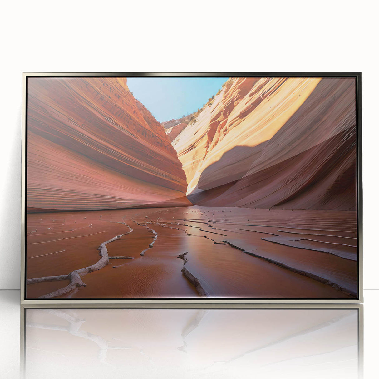 Mid-century modernist art depicting Arizona's Coyote Buttes in muted earth tones on a framed acrylic print.