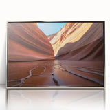 Mid-century modernist art depicting Arizona's Coyote Buttes in muted earth tones on a framed acrylic print.
