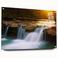 Large abstract wall art of Arkansas scenery in muted green and blue tones on acrylic glass.