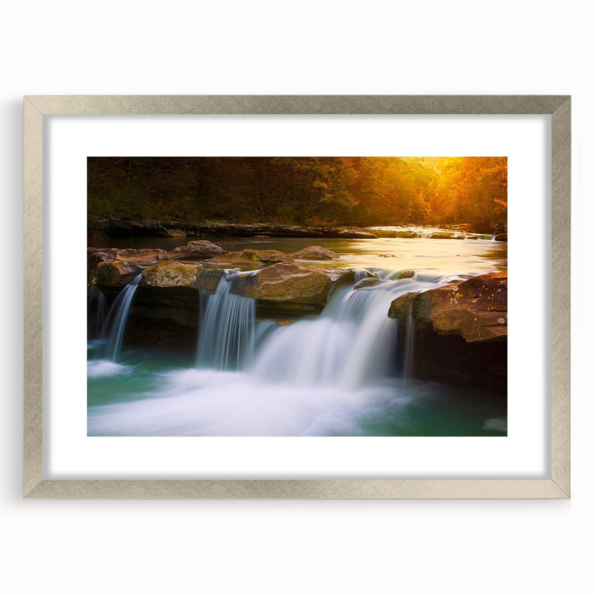 Textured abstract art print depicting a serene Arkansas landscape in muted earth tones, framed in silver.