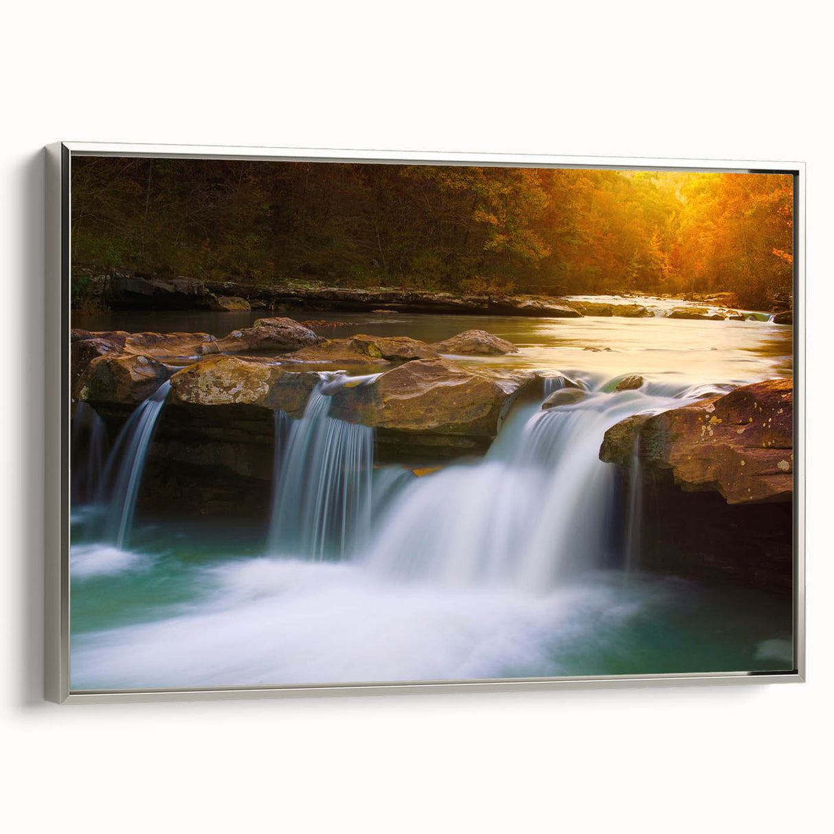 Framed canvas featuring a vintage-style landscape painting of Arkansas scenery in colorful art tones.