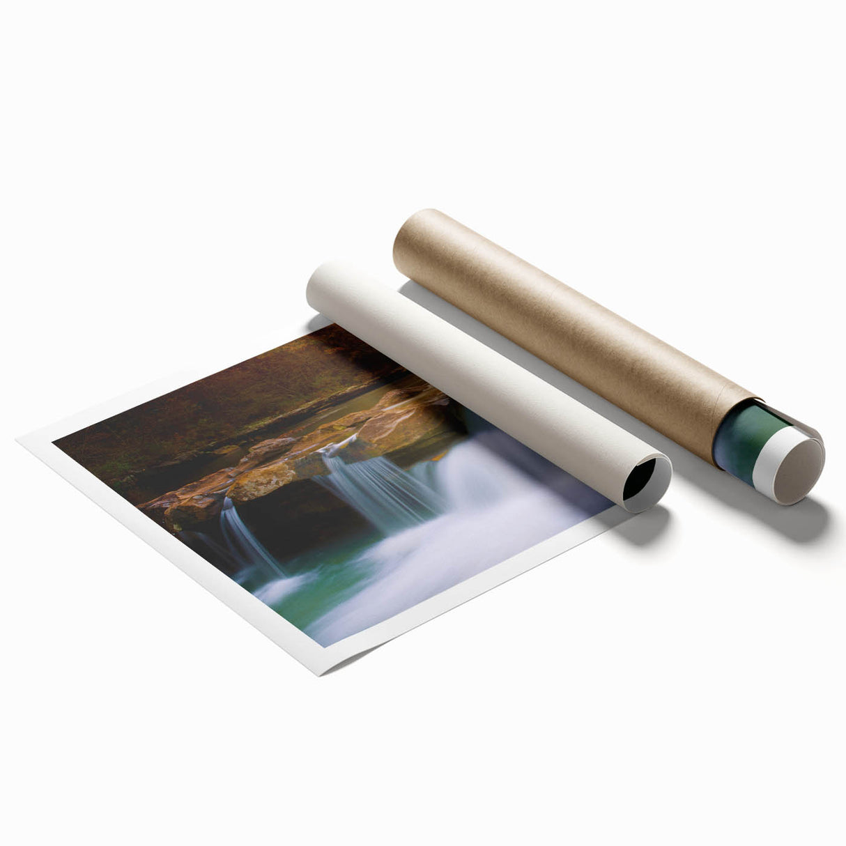 Rolled print of Arkansas scenery with soft pink floral elements on a misty blue background.