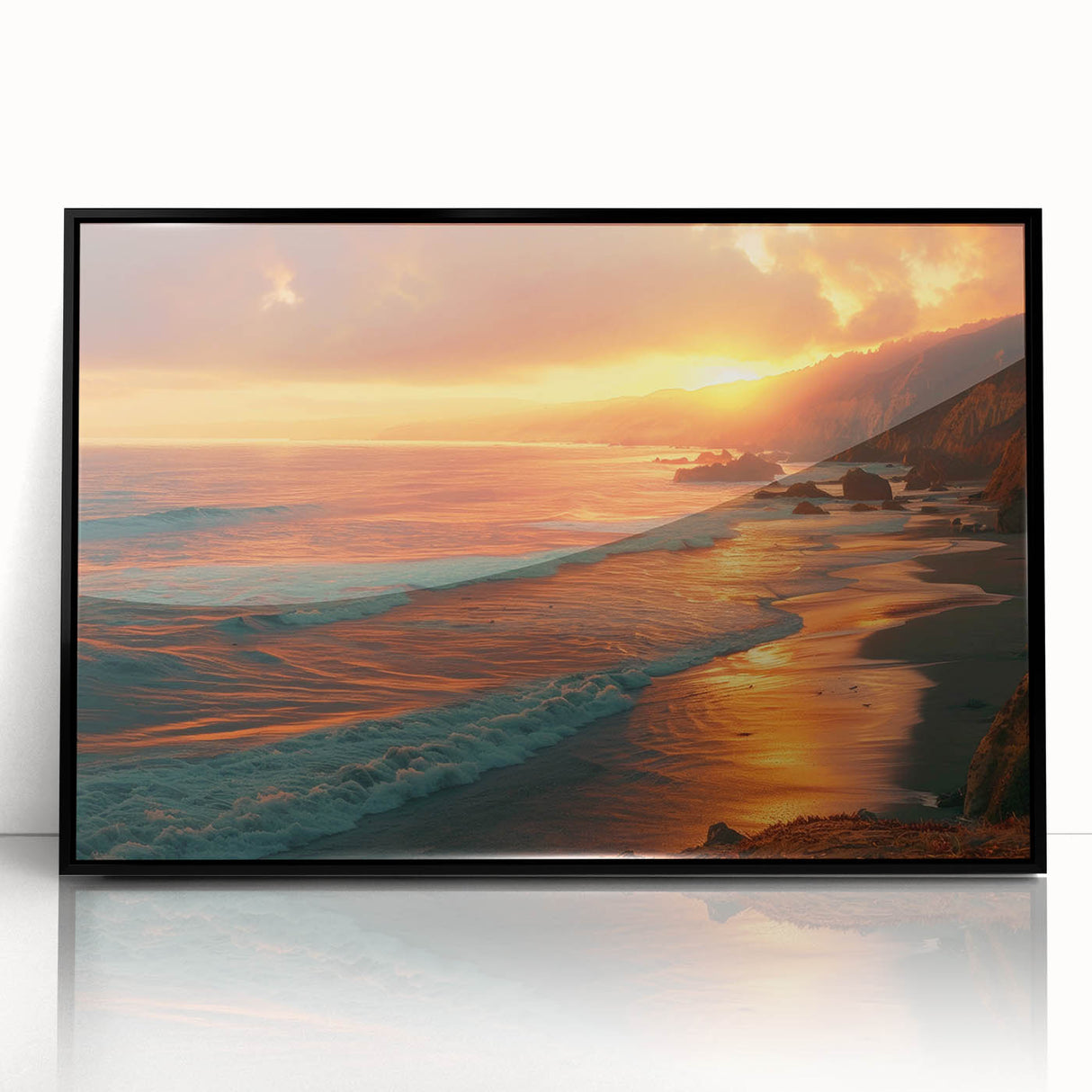 Large abstract wall art depicting the Big Sur coastline in muted earth tones, framed in black acrylic.