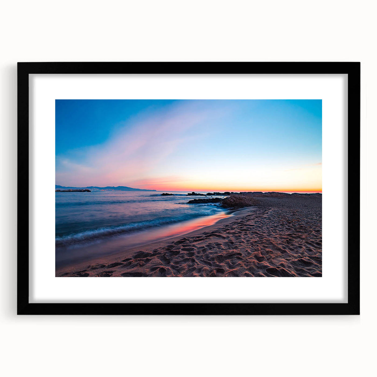 Extra large colorful art print of abstract Catalina, California scenery on textured canvas, framed in black.