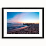 Extra large colorful art print of abstract Catalina, California scenery on textured canvas, framed in black.