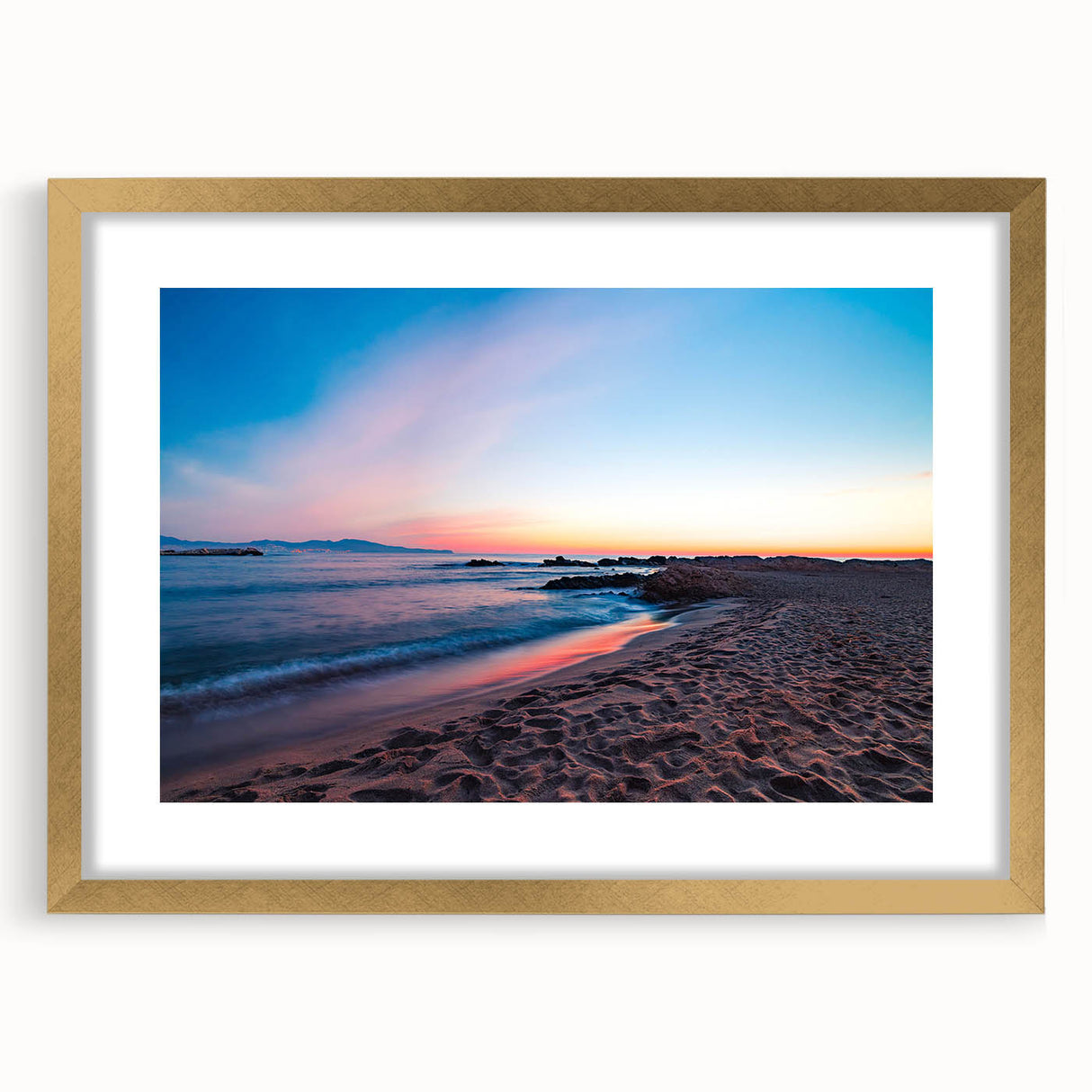Abstract art print of Catalina, California in gold frame with textured design, using muted earth tones.