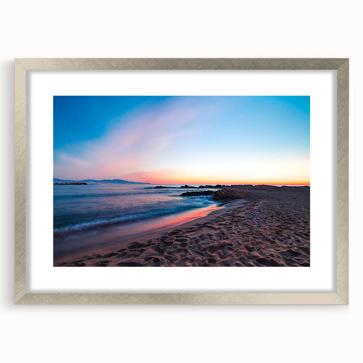 Textured abstract art print of Catalina, California in muted earth tones on a silver-framed canvas.