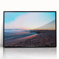 Large abstract wall art depicting the Catalina coastline in muted blue and green tones, framed in black acrylic.