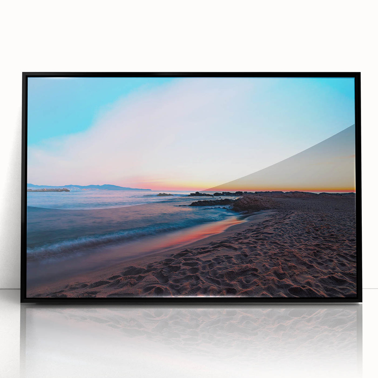 Large abstract wall art depicting the Catalina coastline in muted blue and green tones, framed in black acrylic.