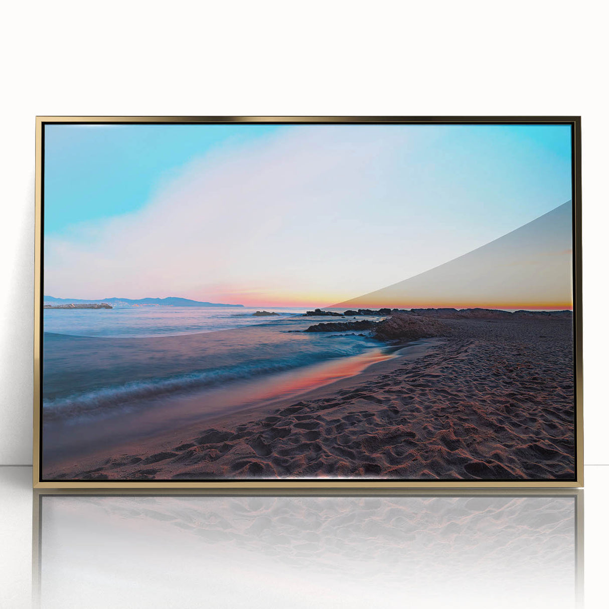 Large art print of Catalina, California scenery in mid-century modernist style on gold-framed acrylic.