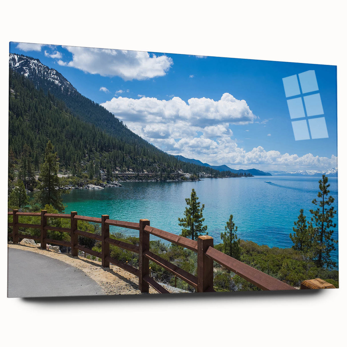 Acrylic print of Lake Tahoe with vivid blue and green hues, ideal for bedroom or dining room art.