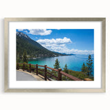 Textured art of Lake Tahoe with abstract design in cool blue tones, framed in silver, suitable for bedroom decor.