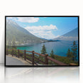 Large abstract wall art depicting Lake Tahoe in muted blue and green tones, framed in black acrylic.