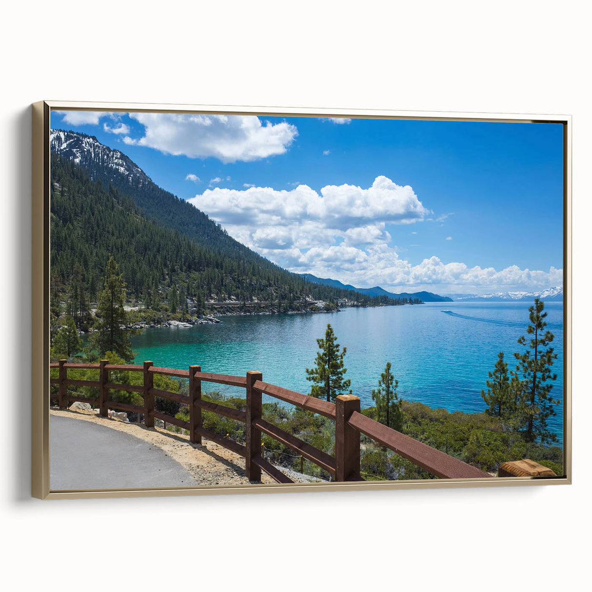 Framed canvas of Lake Tahoe with vintage poster art style in black, ideal for bedroom wall art.