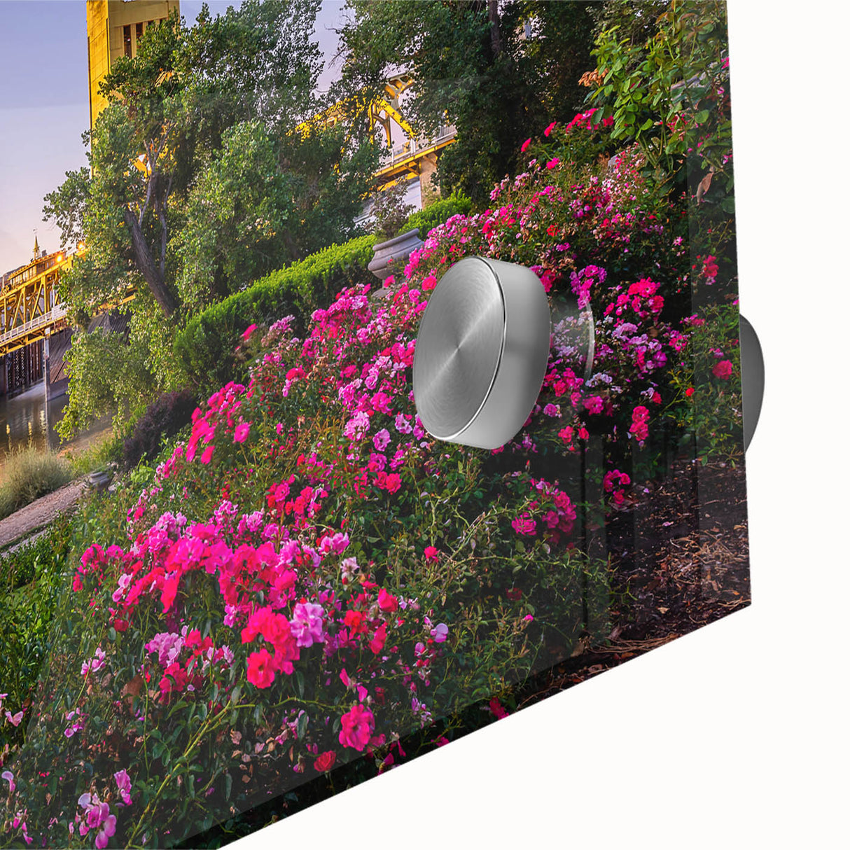 Large abstract wall art of Sacramento scenery in mid-century modernist style on acrylic, ideal for dining room art.