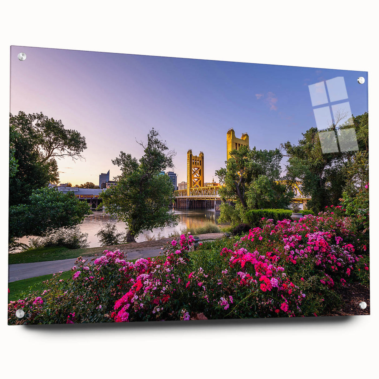 Acrylic print of a large abstract depiction of Sacramento, featuring vibrant blues and oranges, ideal for dining room decor.