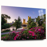 Large abstract wall art of Sacramento skyline in muted blue and green tones on acrylic glass.