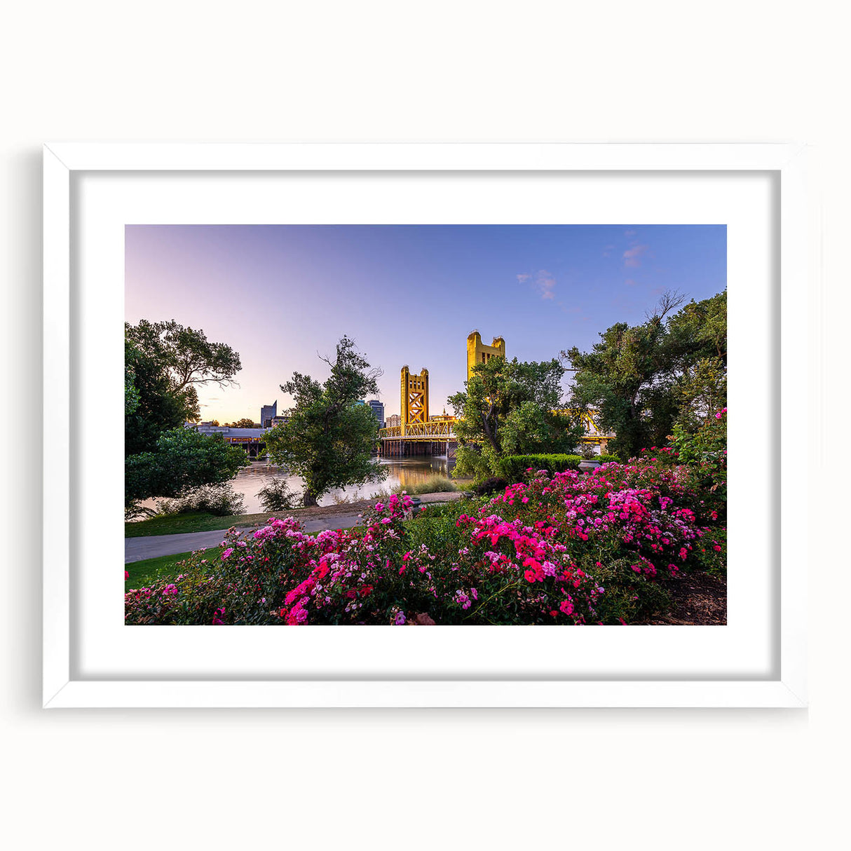 Abstract art print of Sacramento scenery in muted earth tones, framed with a white mat, suitable for dining room decor.