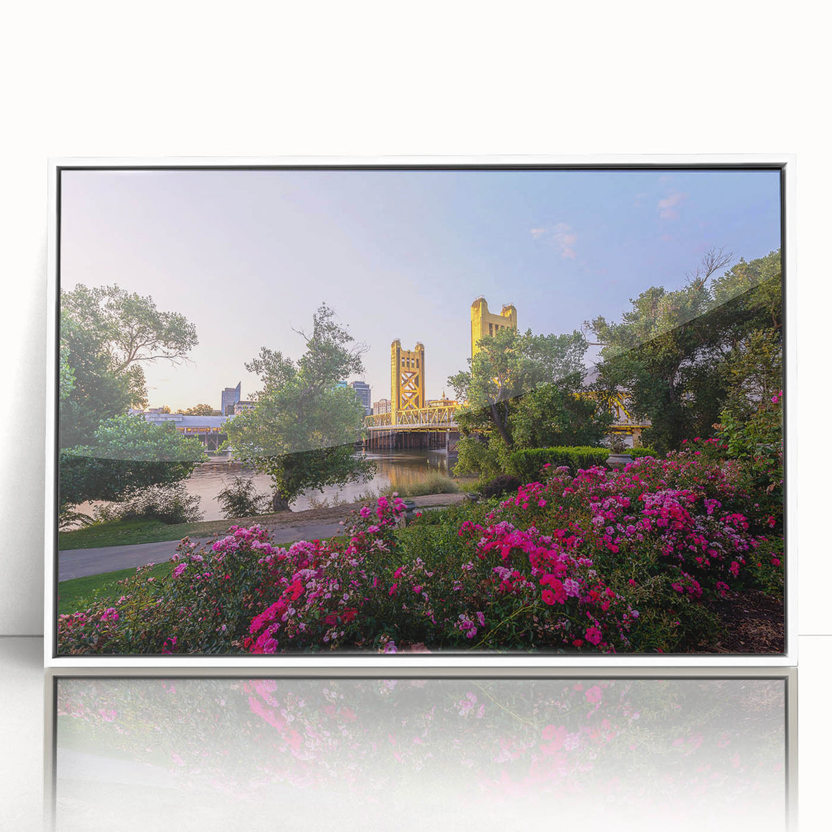 Framed acrylic print of Sacramento scenery in art deco style with muted pastel shades, ideal for modern nursery wall art.