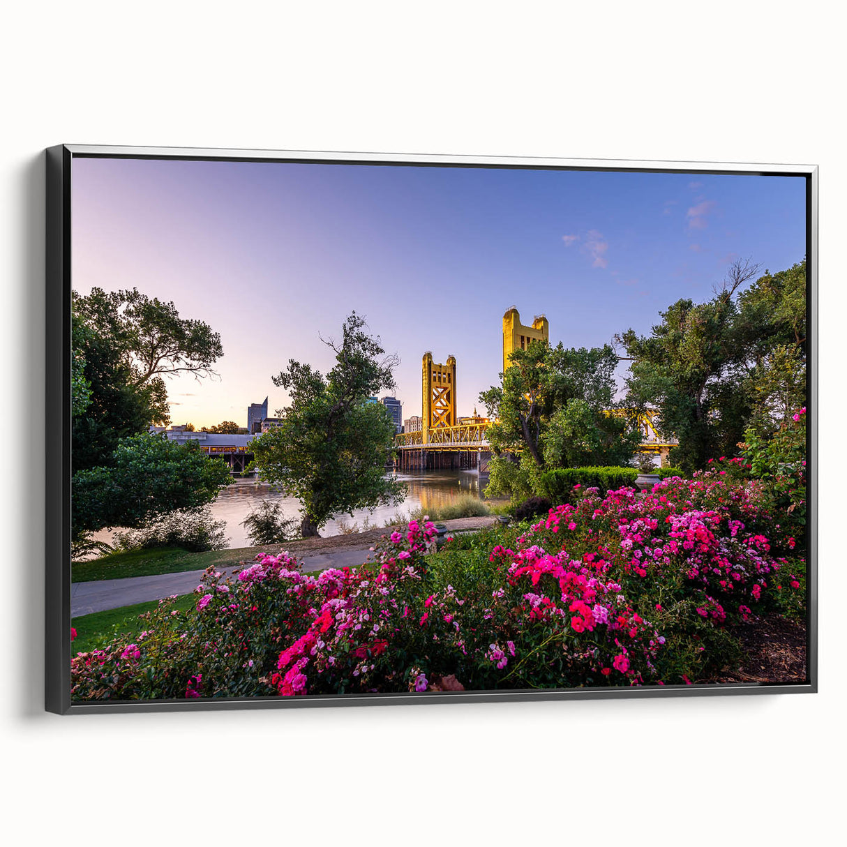 Black and white landscape painting of Sacramento on framed canvas, ideal for bedroom wall art.