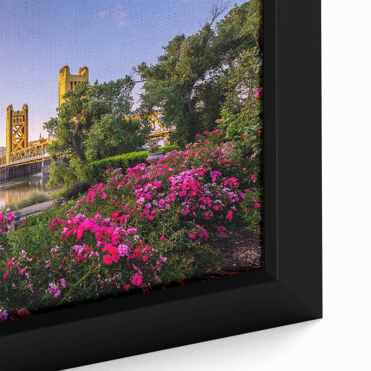 Extra large framed canvas featuring a textured depiction of Sacramento's cityscape in black with colorful art accents.