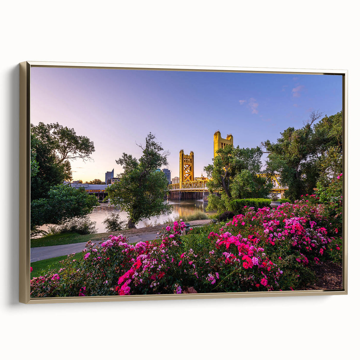 Framed canvas depicting a vintage-style Sacramento landscape in muted gold and black tones, ideal for bedroom wall art.