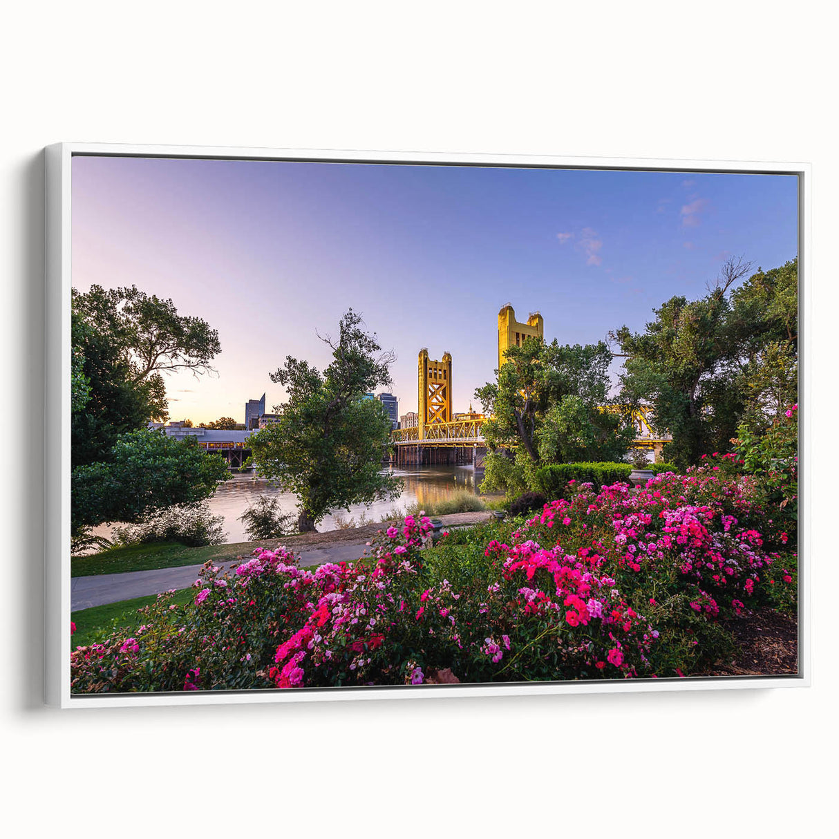 Vintage poster art of Sacramento scenery in vibrant colors on a large framed canvas, ideal for living room decor.