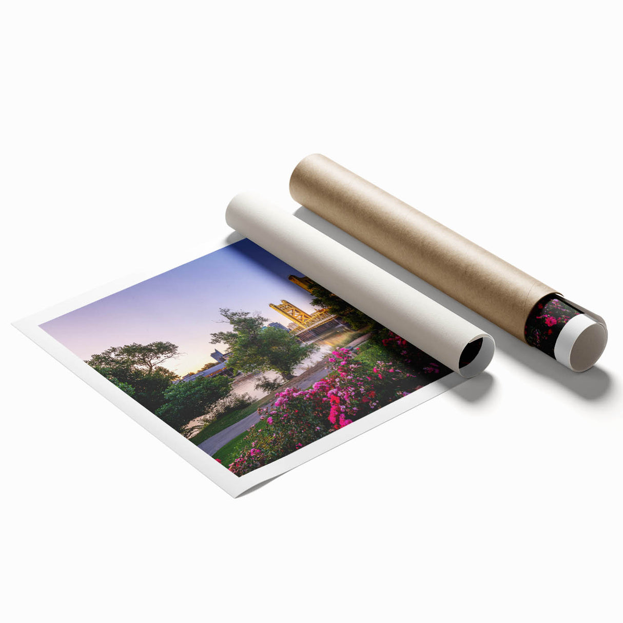 Extra large rolled print of Sacramento scenery with floral elements in soft pastel shades.