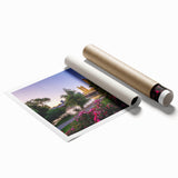 Extra large rolled print of Sacramento scenery with floral elements in soft pastel shades.
