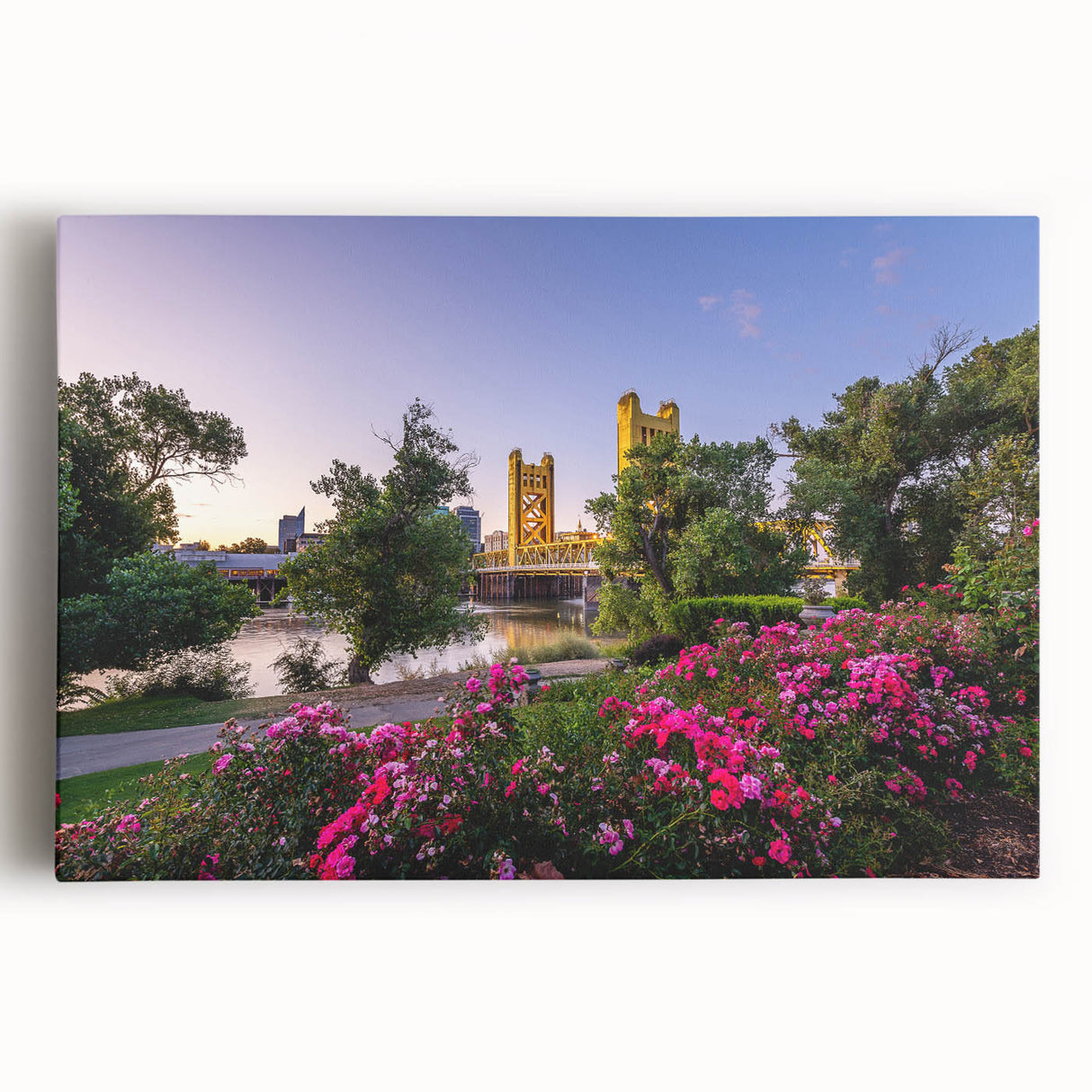 Black and white stretched canvas of Sacramento skyline, ideal for kitchen wall art.