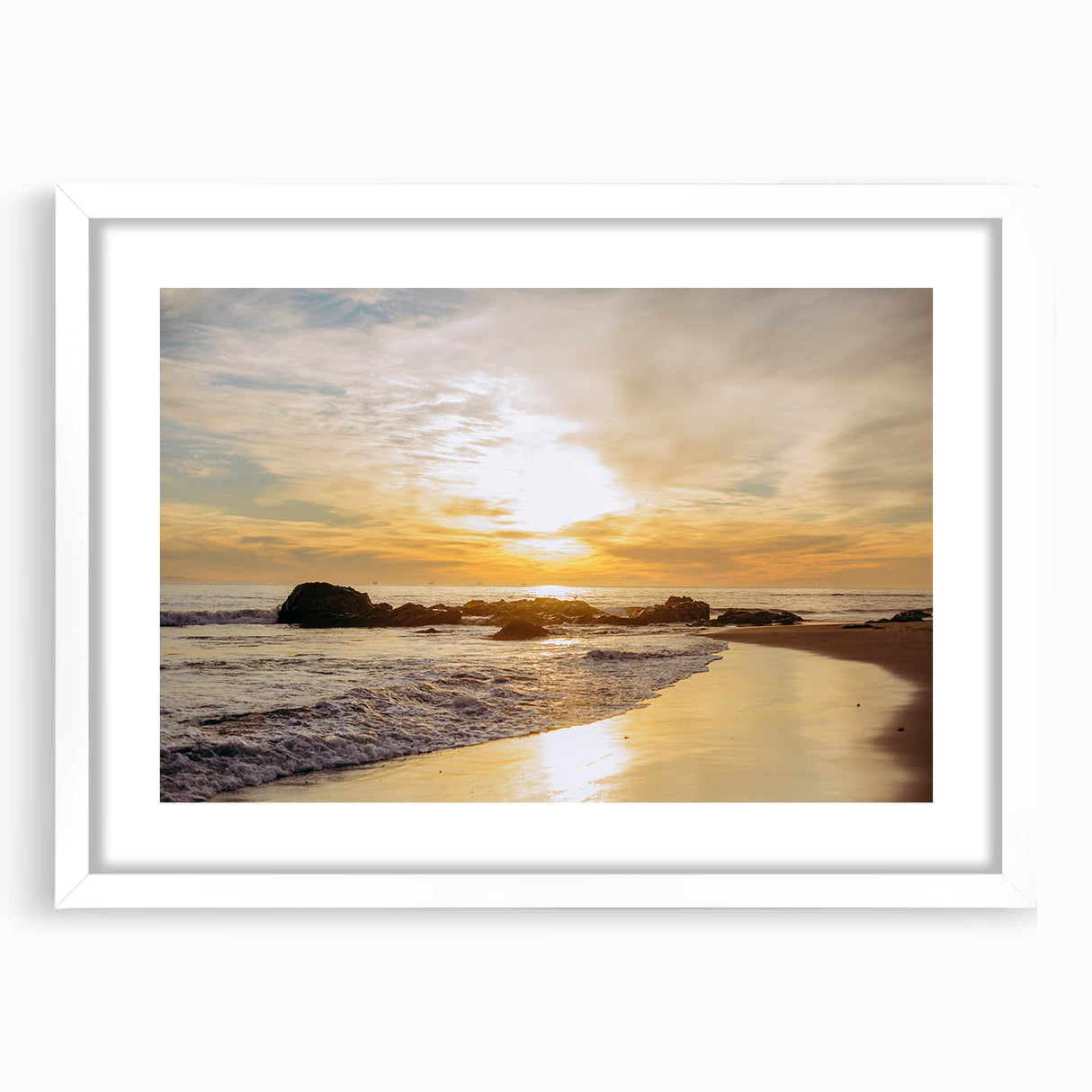 Abstract art print of Santa Barbara in muted blue and green tones on a framed white mat, ideal for dining room decor.