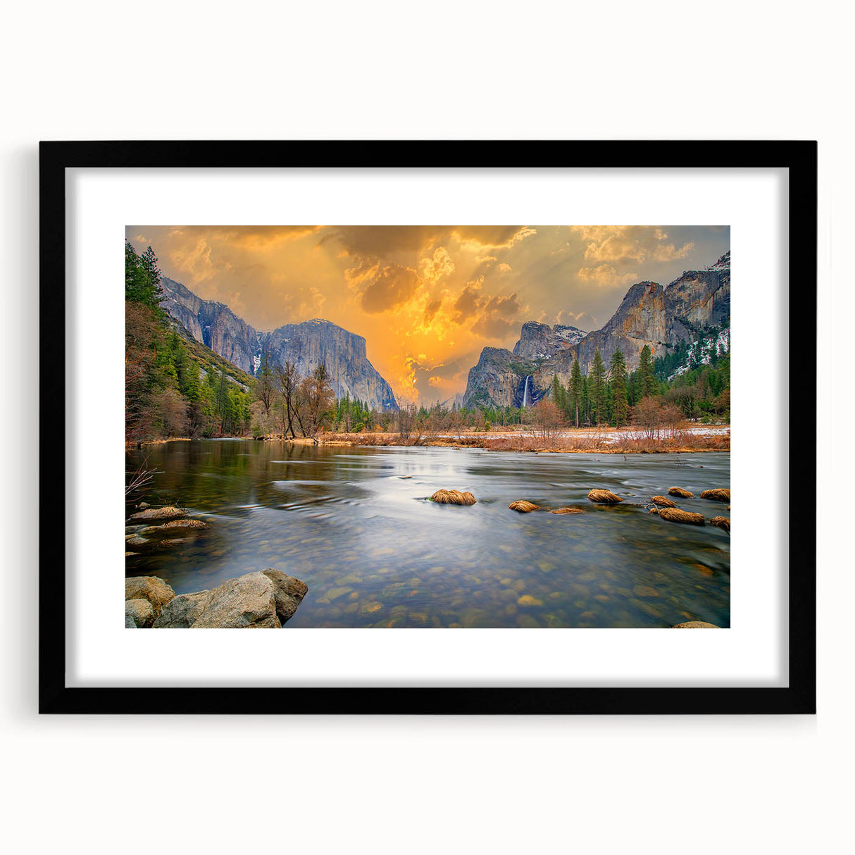 Extra large, textured abstract art print of Yosemite scenery in vibrant colors on a black framed canvas.