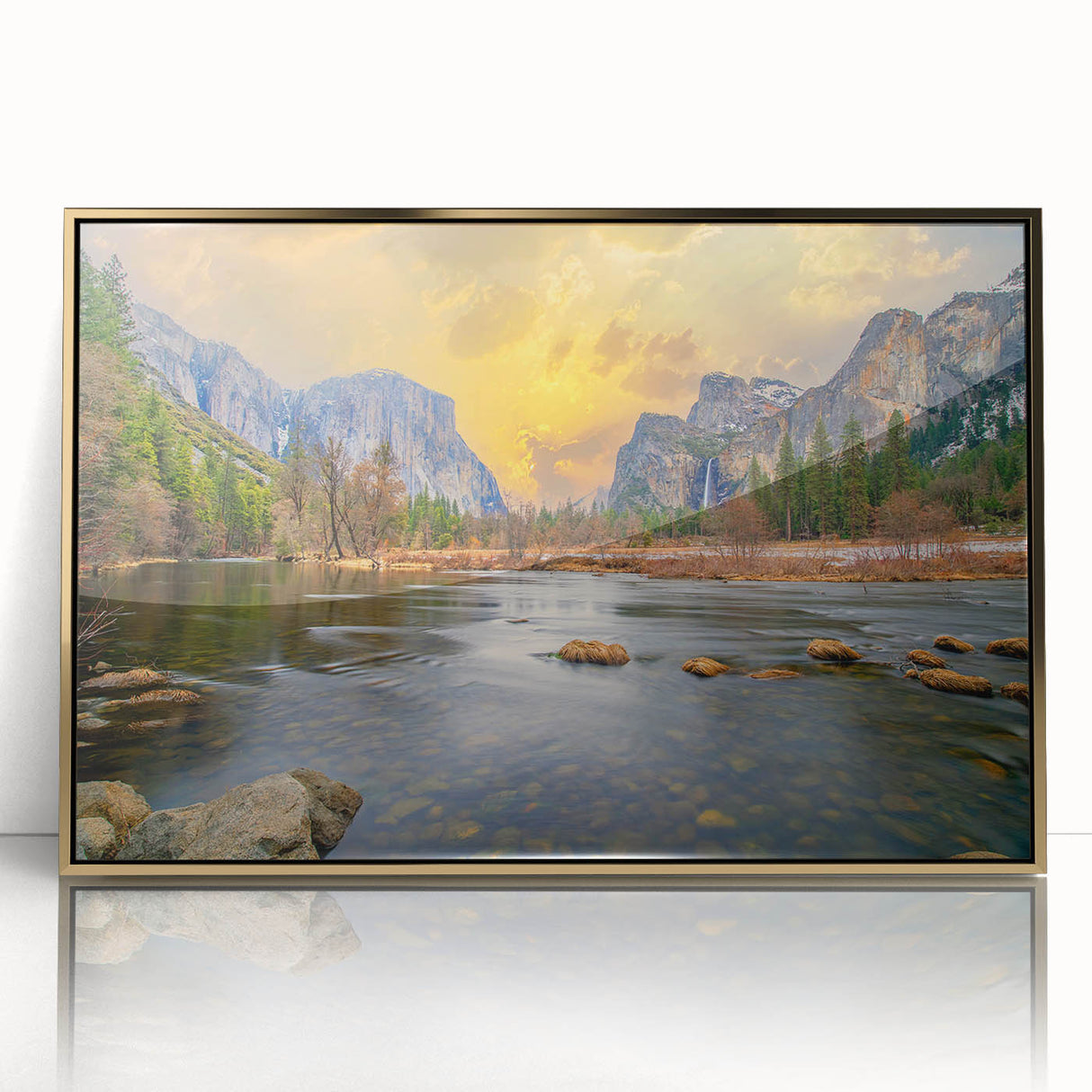 Large art print of Yosemite scenery in mid-century modernist style, with muted earth tones on framed acrylic.