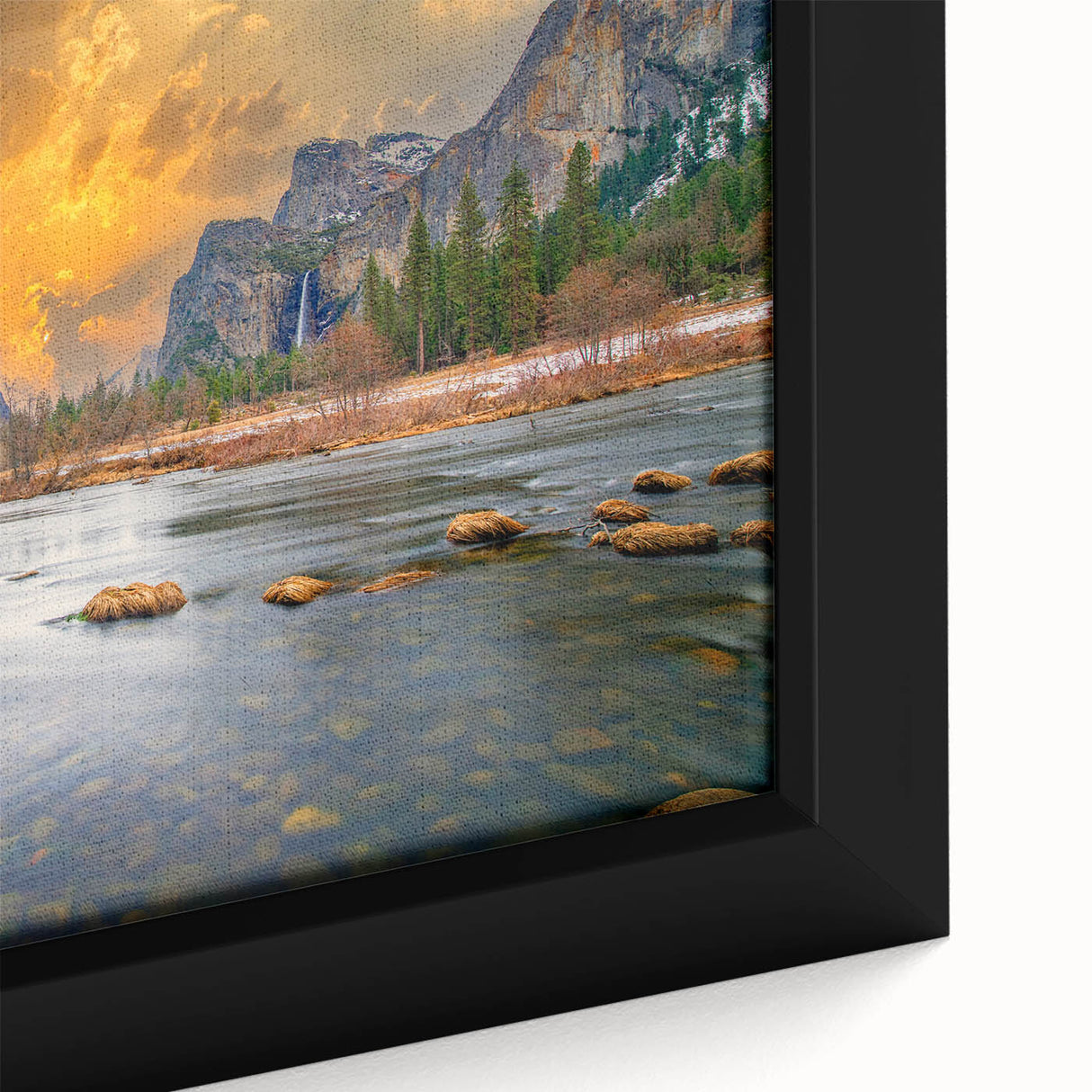 Extra large framed canvas depicting a textured scene of Yosemite with vibrant natural colors, ideal for living room decor.