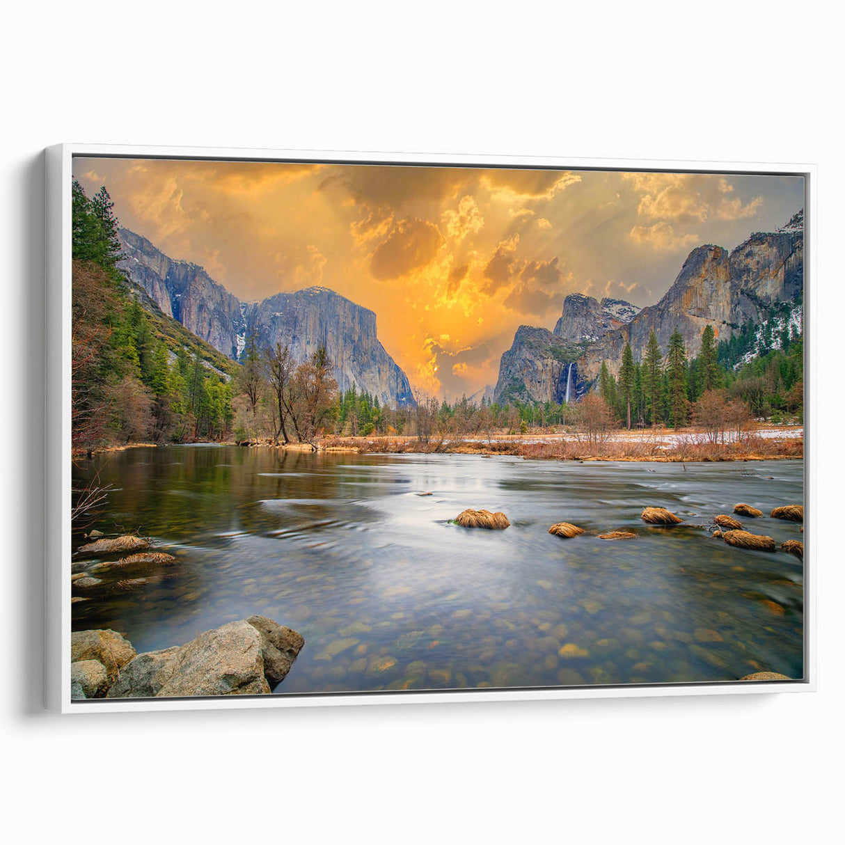 Vintage poster art of Yosemite with colorful art on white framed canvas, ideal for living room decor.