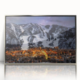 Mid-century modernist art depicting Aspen, Colorado scenery in muted earth tones on a framed acrylic panel.