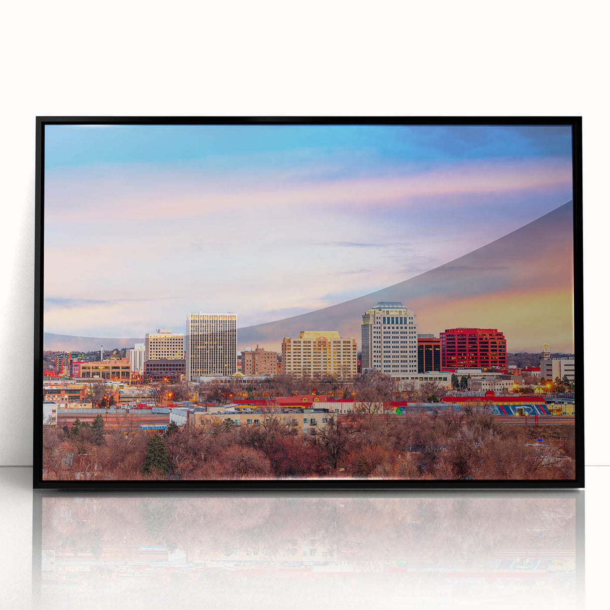 Large abstract wall art featuring a stylized view of Colorado Springs in muted earth tones on a framed acrylic panel.
