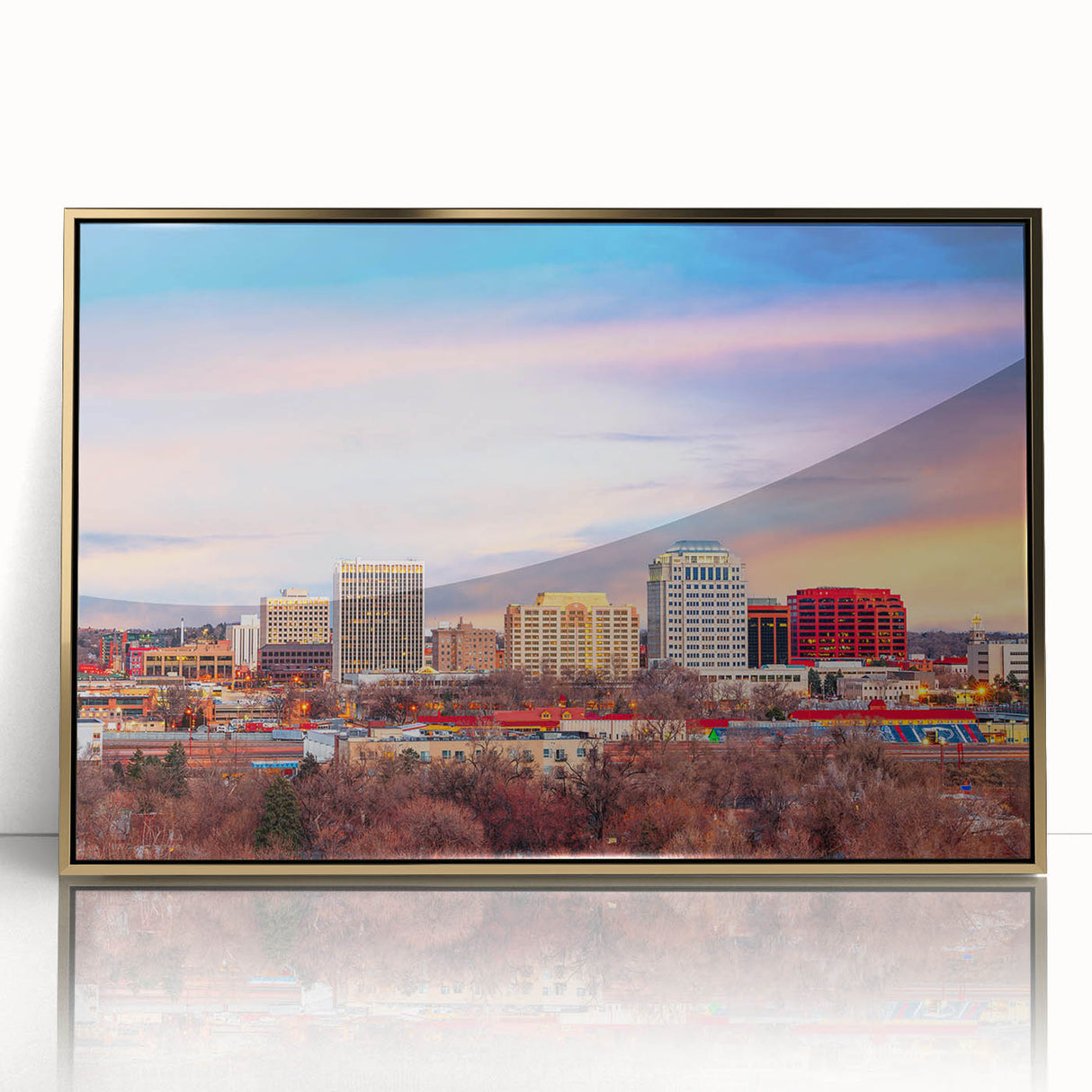 Large art print of Colorado Springs landscape in mid-century modernist style, framed in acrylic with gold hues.
