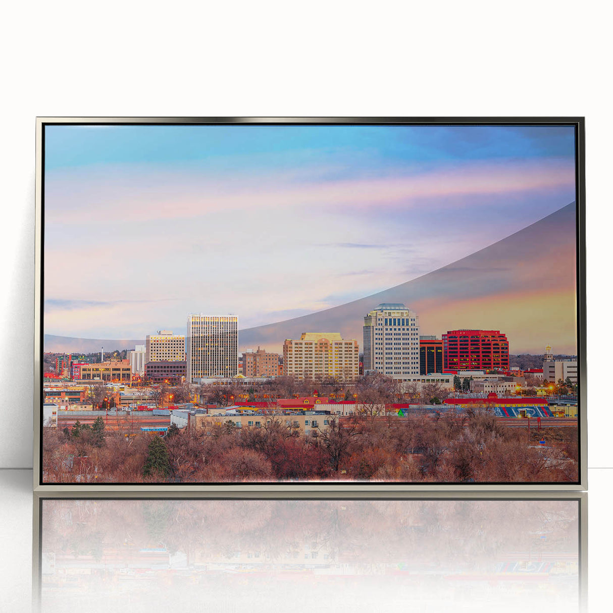 Mid-century modernist art depicting Colorado Springs scenery in muted earth tones on a framed acrylic print.