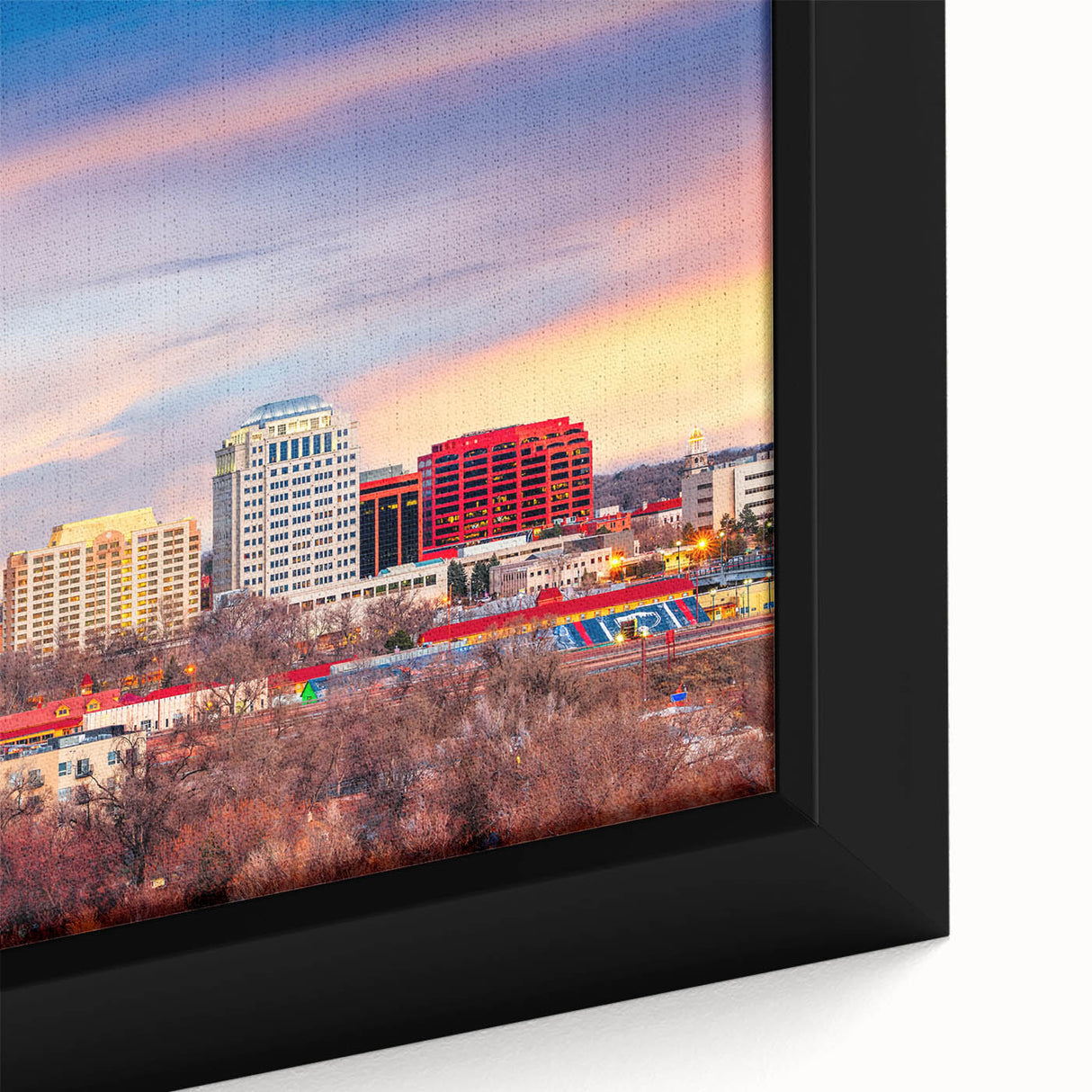 Extra large black wall art of Colorado Springs with colorful textured imagery on framed canvas, ideal for living room decor.