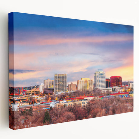 Scenic view of Colorado Springs on a large stretched canvas with natural and earthy tones, ideal for kitchen wall art.