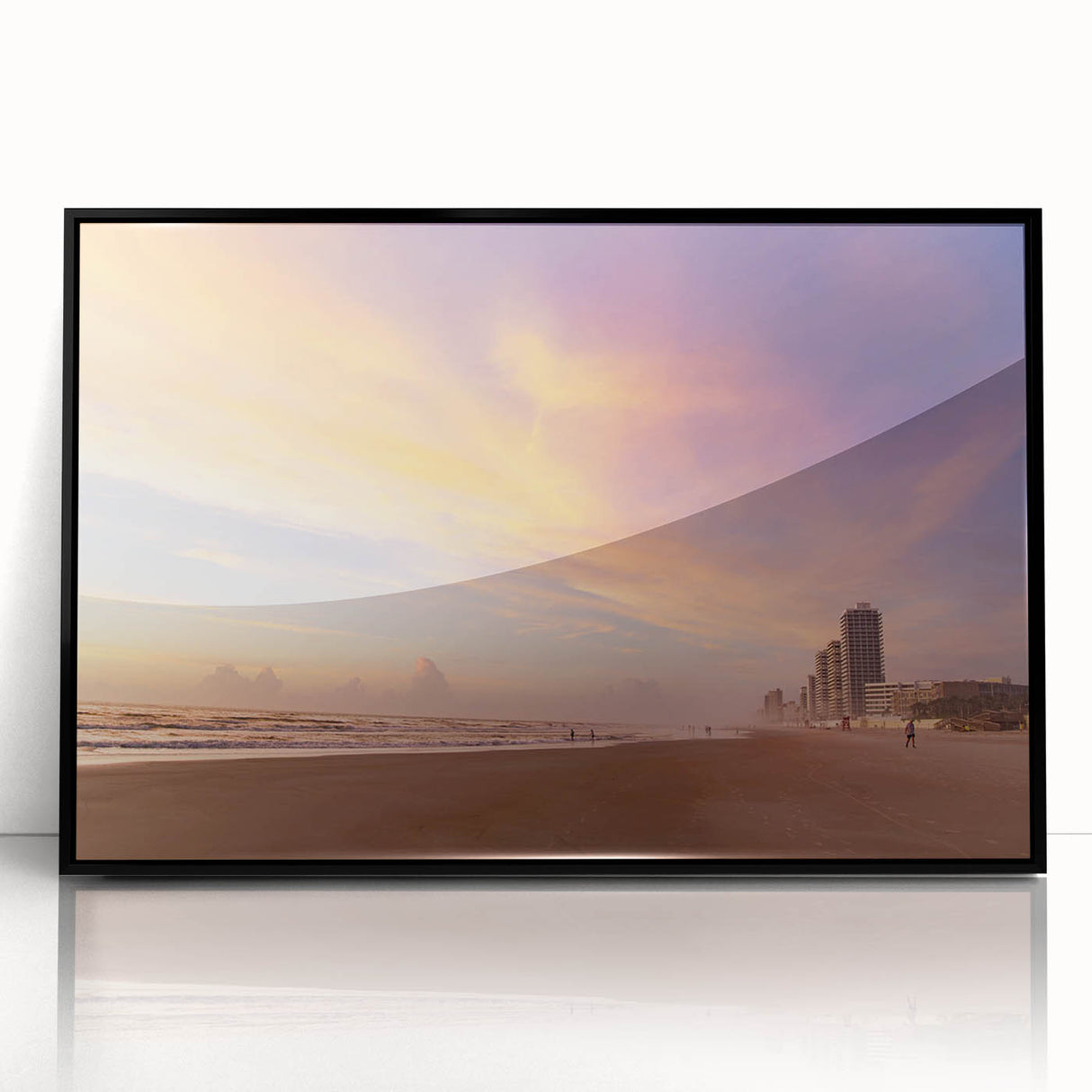 Large abstract wall art of Daytona scenery in muted gray and blue tones on framed acrylic.