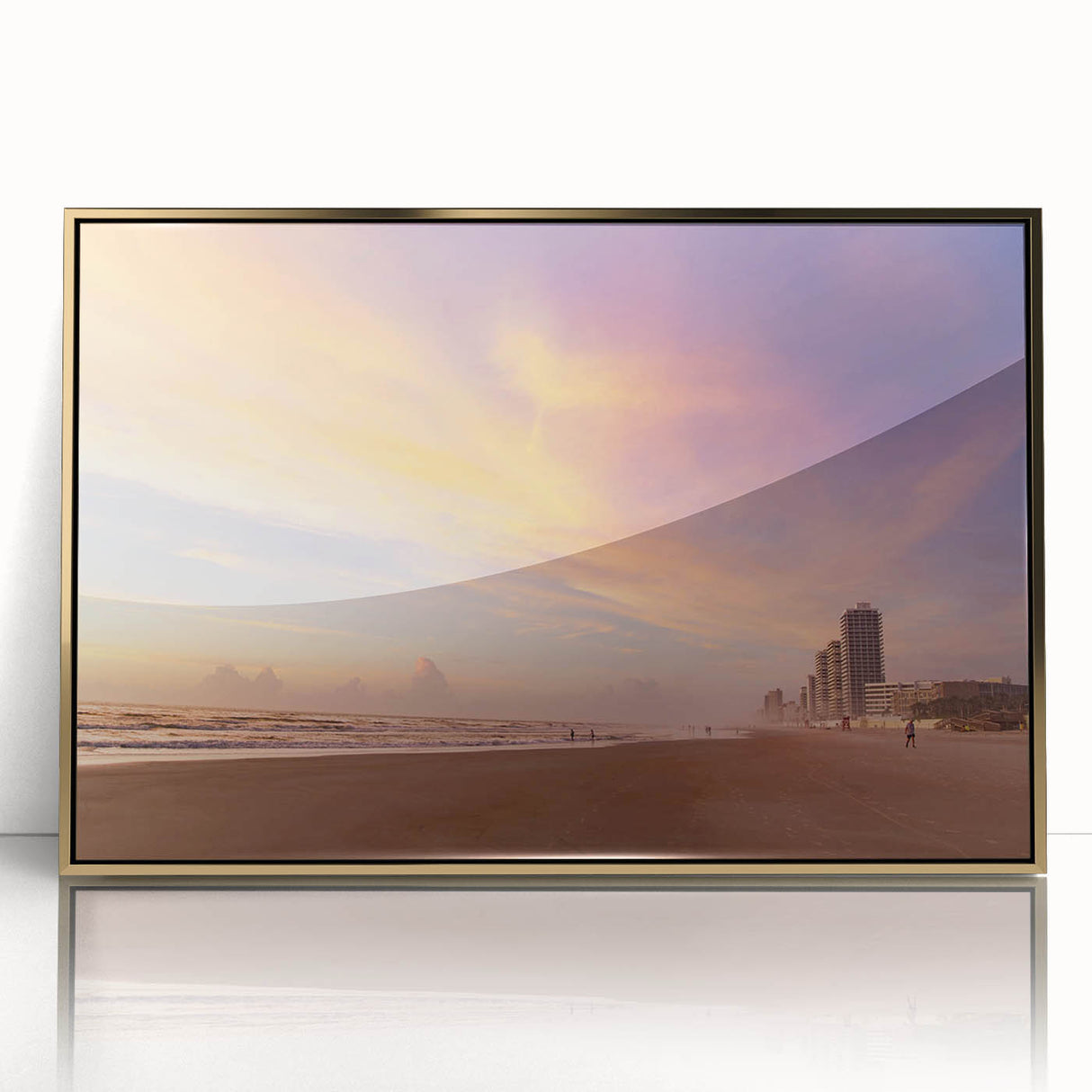 Mid-century modernist art of Daytona scenery in gold frame on acrylic, ideal for nursery wall decor.