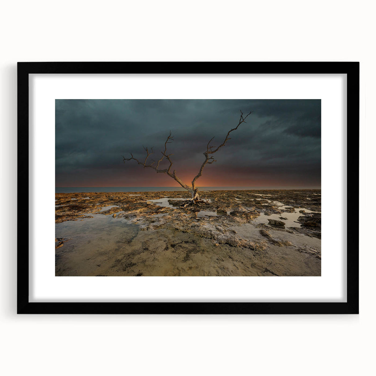 Extra large abstract art print of the Florida Keys in vibrant colors on a textured canvas, framed in black.