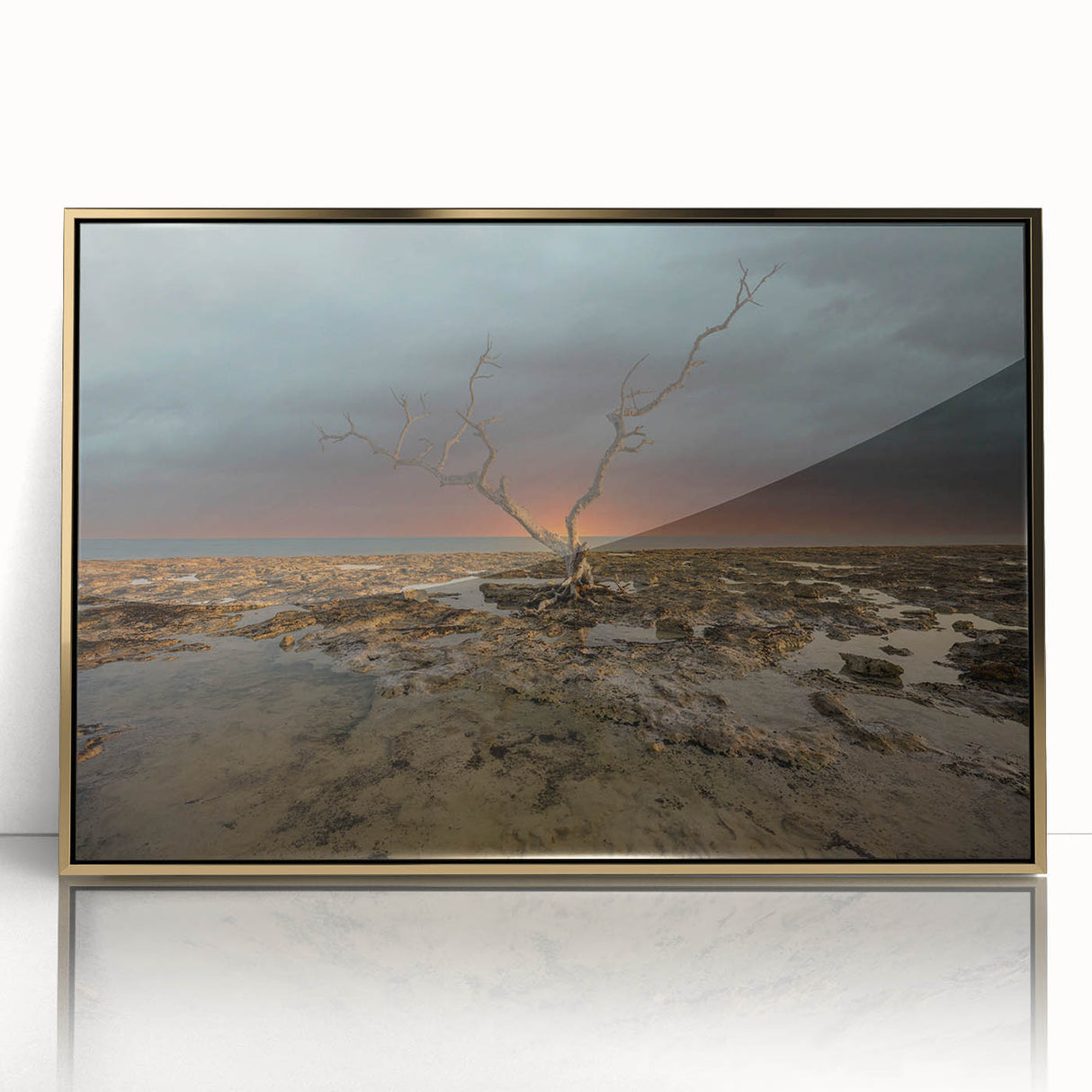 Framed acrylic print of Florida Keys scenery in mid-century modernist style, with muted oceanic colors.