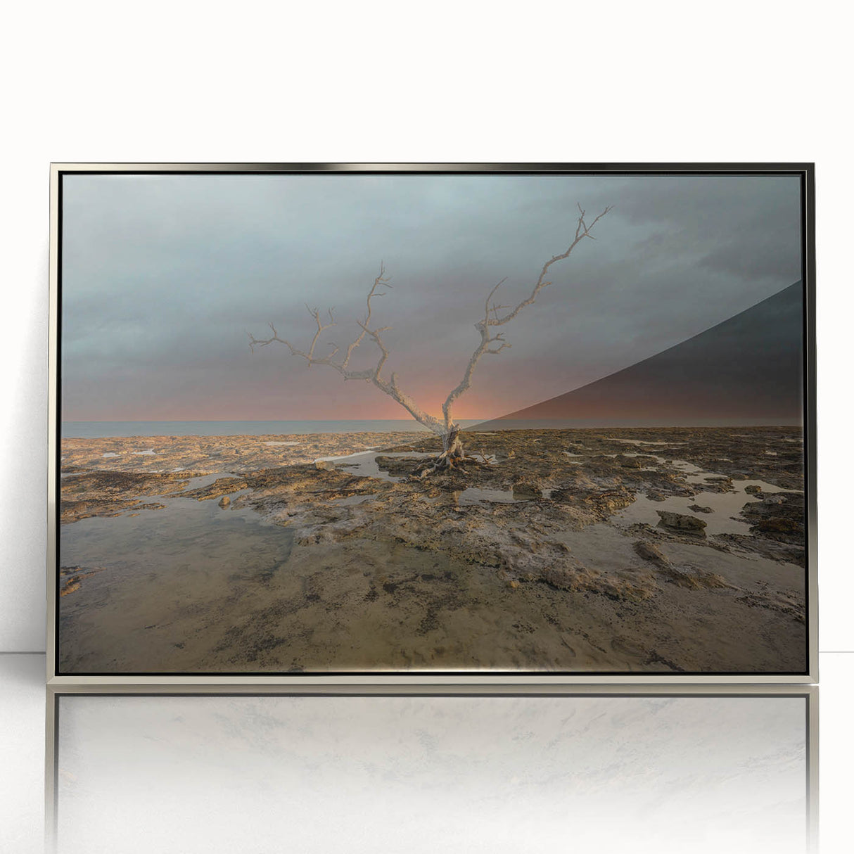 Mid-century modernist art of Florida Keys scenery in silver-framed acrylic, featuring pastel blue and pink tones.
