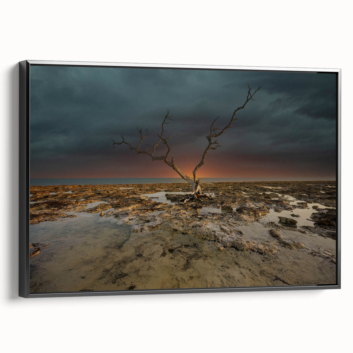 Black and white framed canvas featuring a vintage-style landscape of the Florida Keys, ideal for bedroom wall decor.