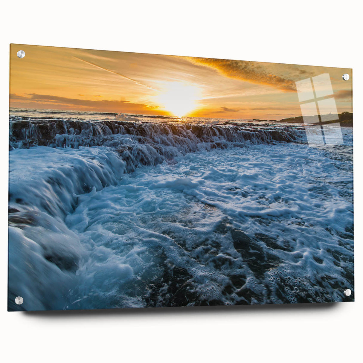Acrylic print of a Kauai, Hawaii landscape with lush greenery and ocean, in vibrant hues.