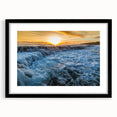 Colorful abstract art print of Kauai, Hawaii, in a black frame with mat, ideal for living room decor.