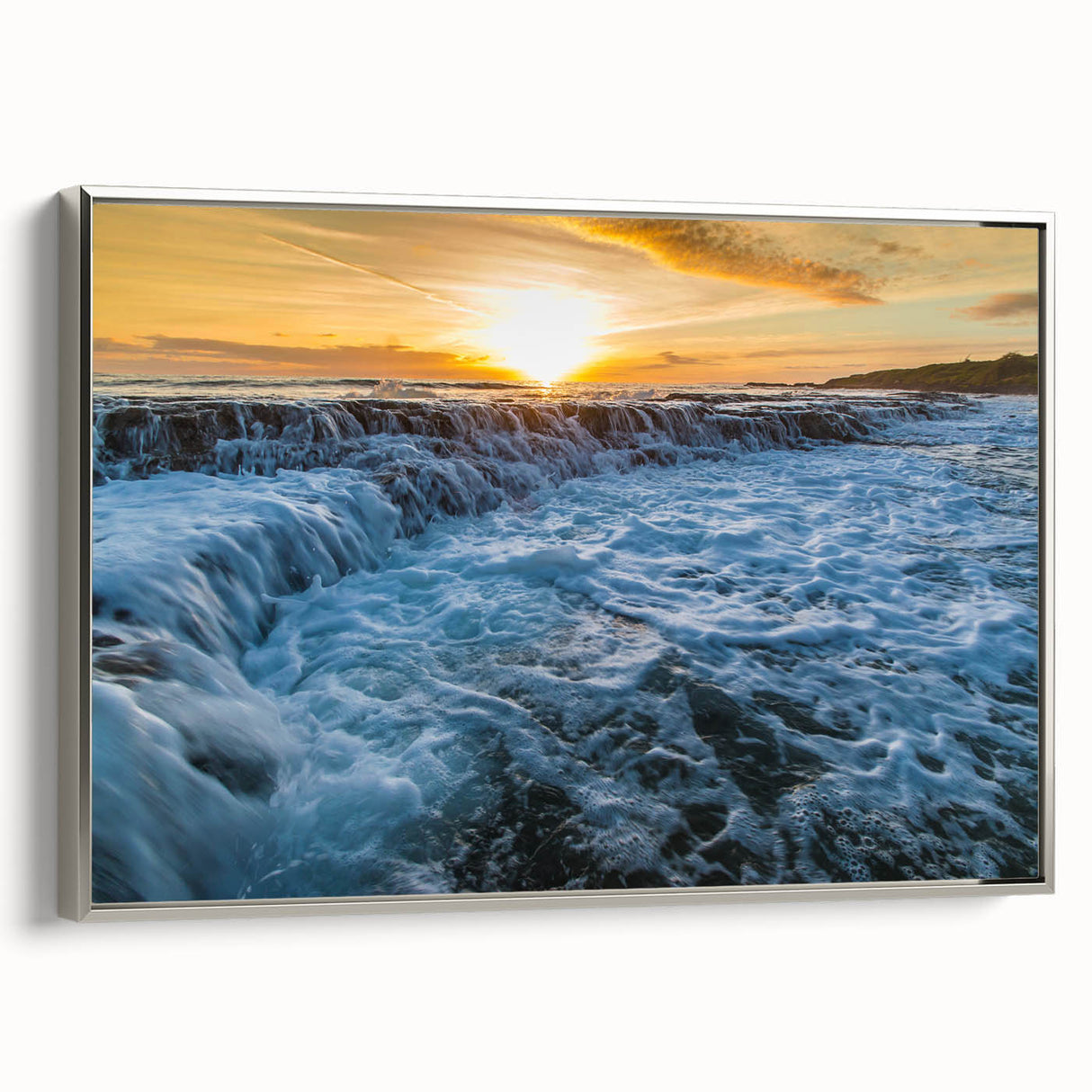 Framed canvas of a vintage-style landscape art painting depicting Kauai, Hawaii, in colorful hues.